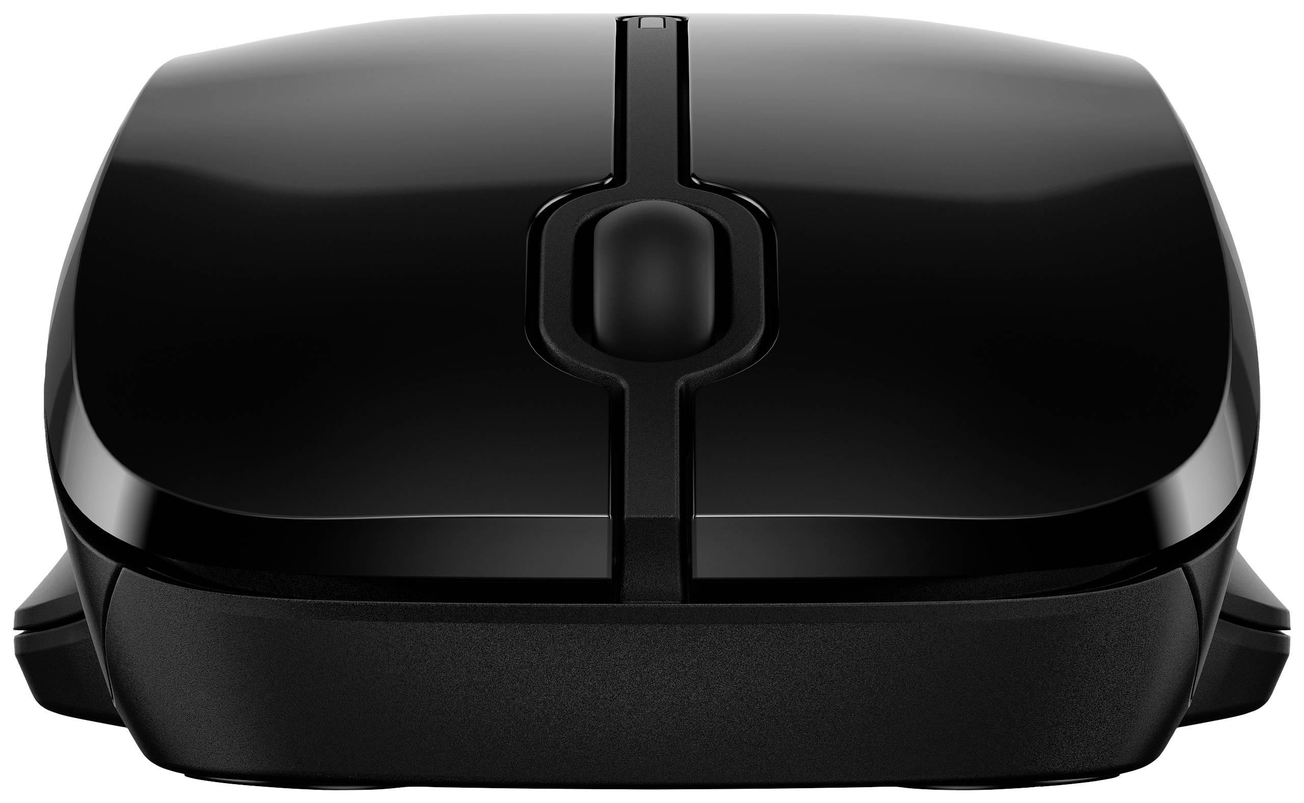 Eine schwarze, drahtlose Computermaus mit zwei Tasten und einem Scrollrad, frontalansicht.