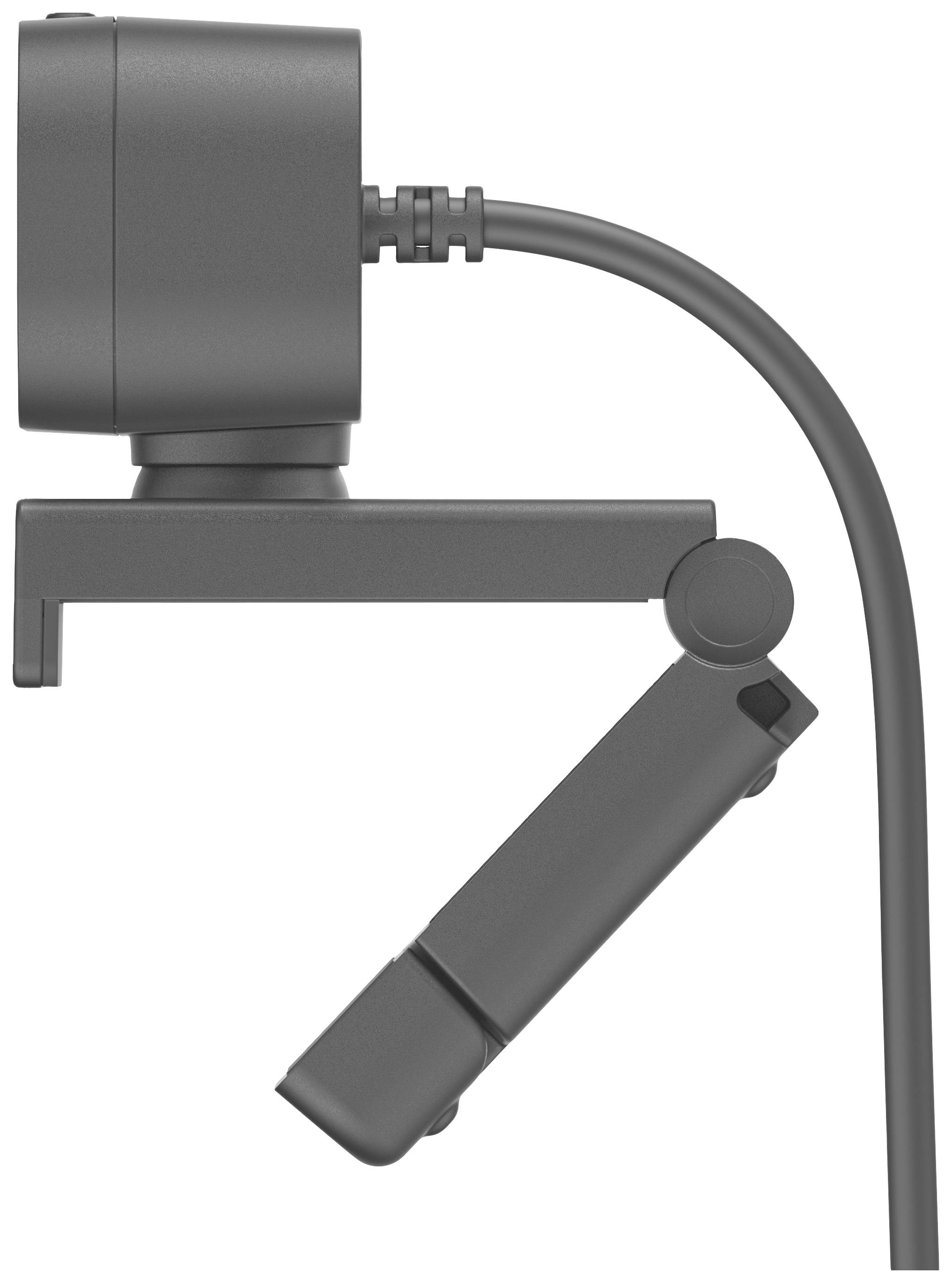 Eine graue Webcam mit verstellbarem Ständer und Kabelanschluss, seitlich von rechts dargestellt.