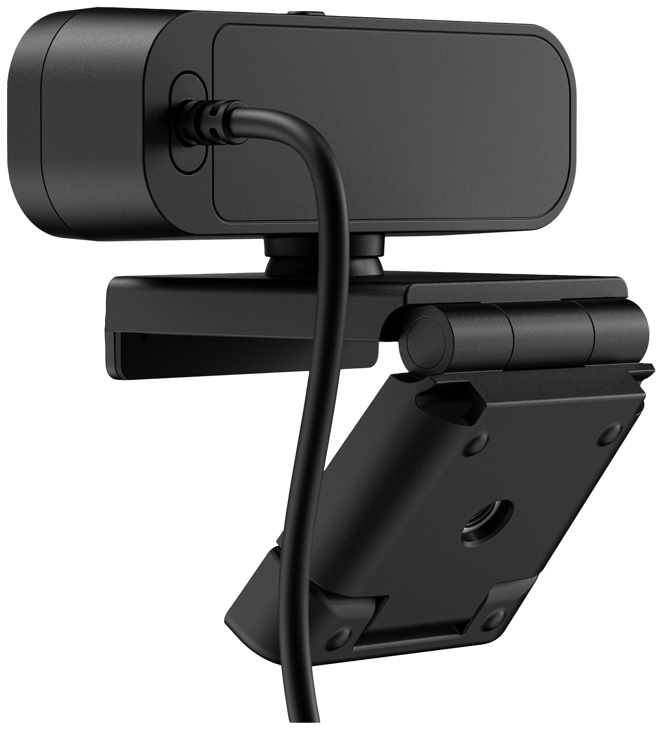 Schwarze Webcam mit Befestigungsclip und USB-Kabel, in Seitenansicht.