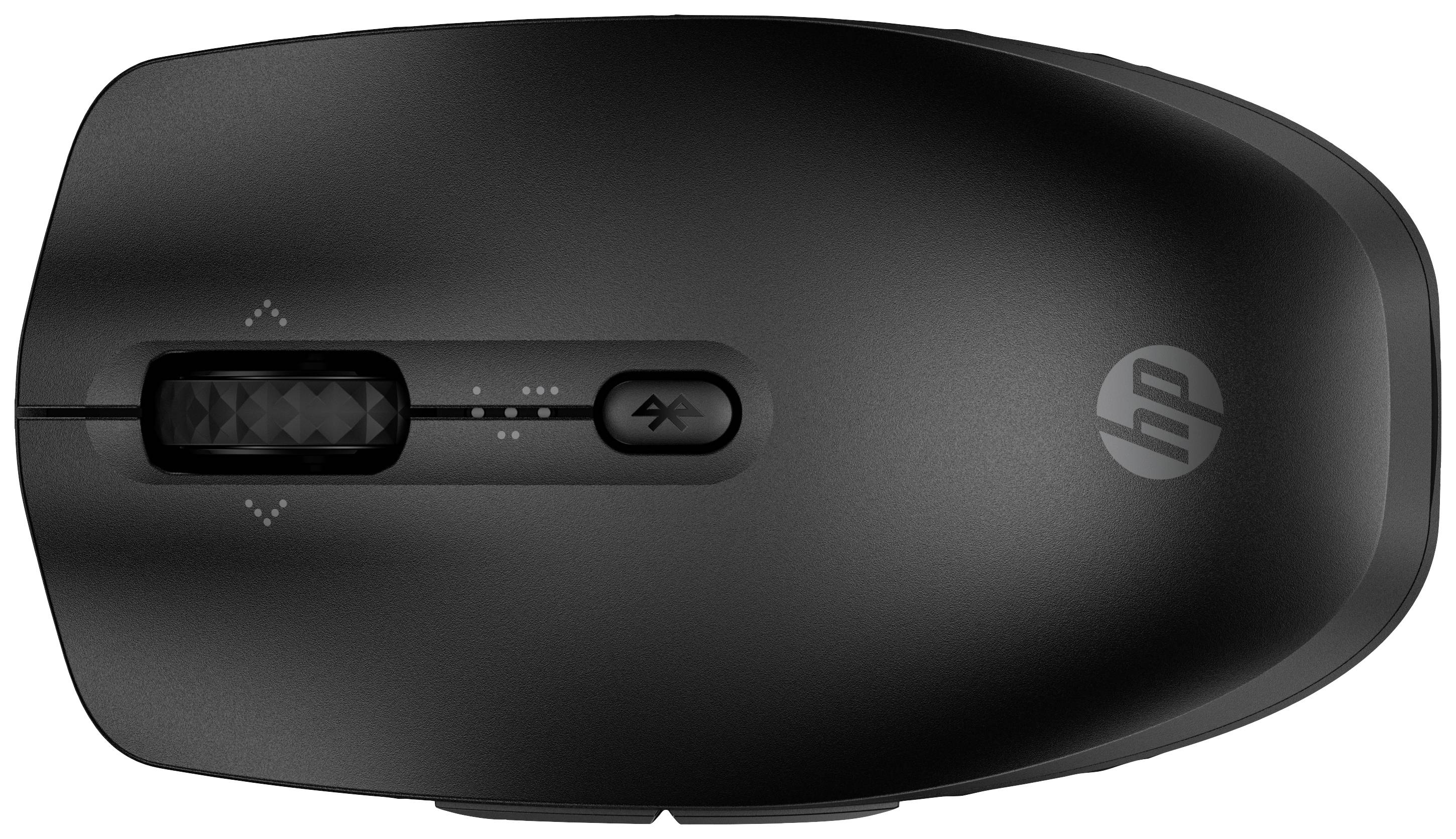 Schwarze kabellose HP-Maus mit Scrollrad und Bluetooth-Symbol, Draufsicht.