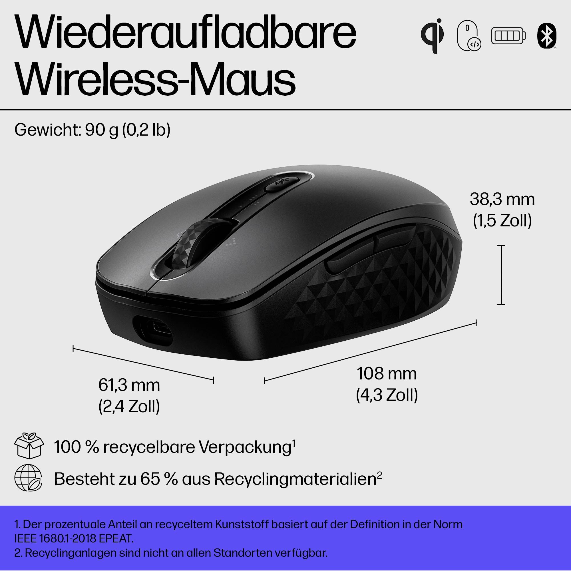 Wiederaufladbare Wireless-Maus, Maße: 108 x 61,3 x 38,3 mm, Gewicht: 90 g. Verpackung besteht zu 100% aus Recyclingmaterial.