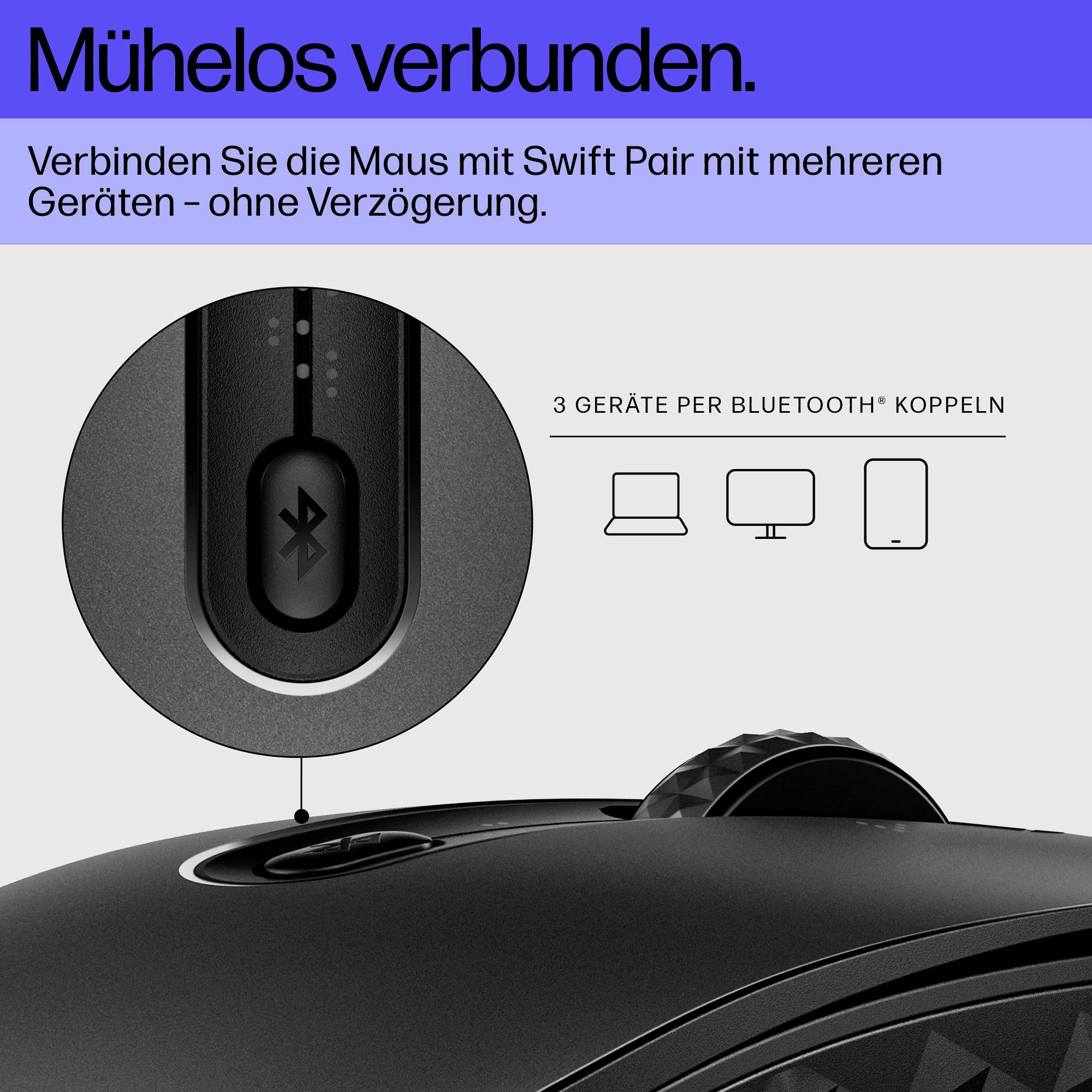 Eine schwarze Computermaus mit Bluetooth-Funktion wird vorgestellt. Sie unterstützt die Kopplung mit drei Geräten gleichzeitig.