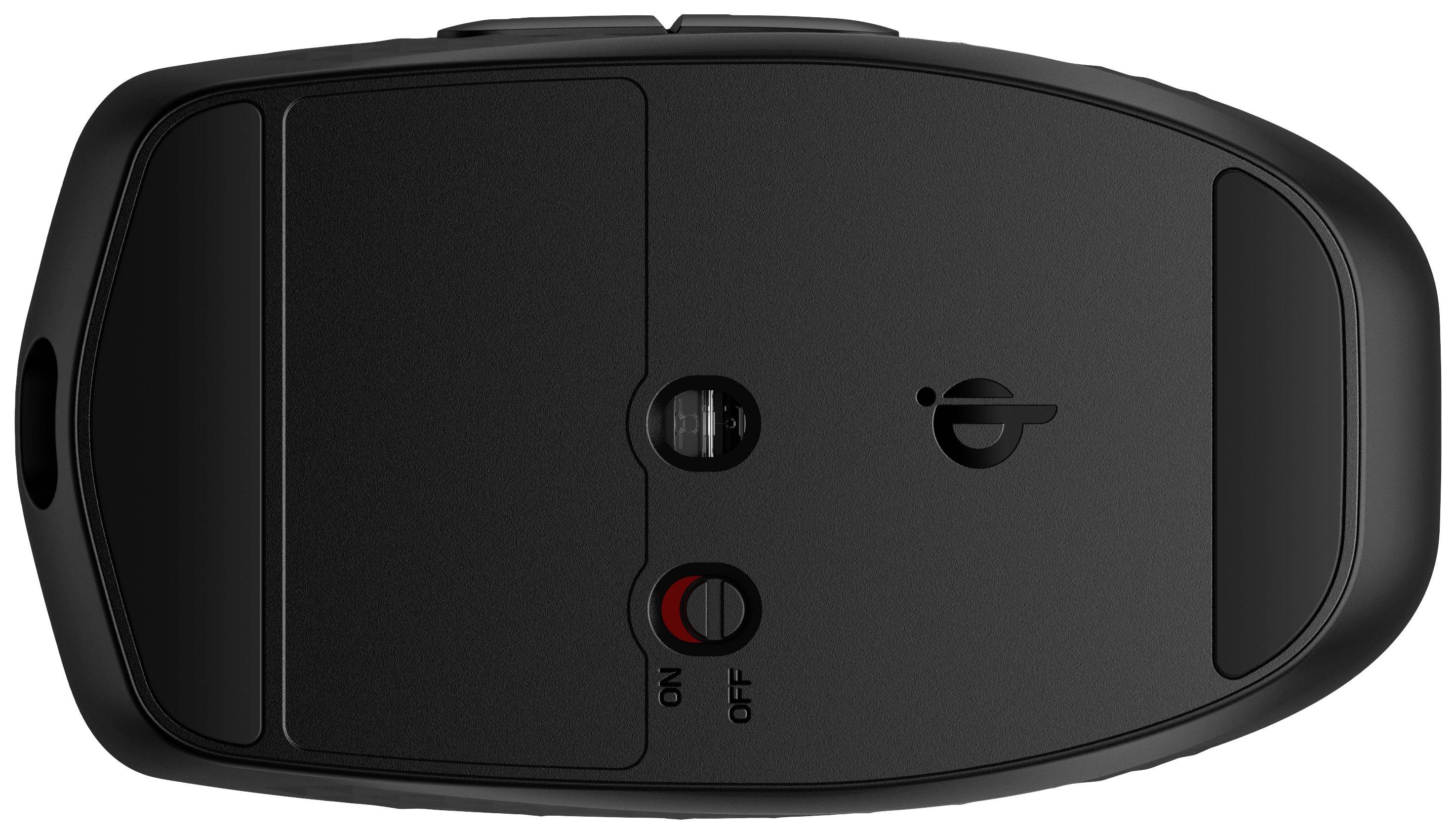 Die Unterseite einer schwarzen Computermaus mit Ein-/Ausschalter und Sensor in der Mitte.