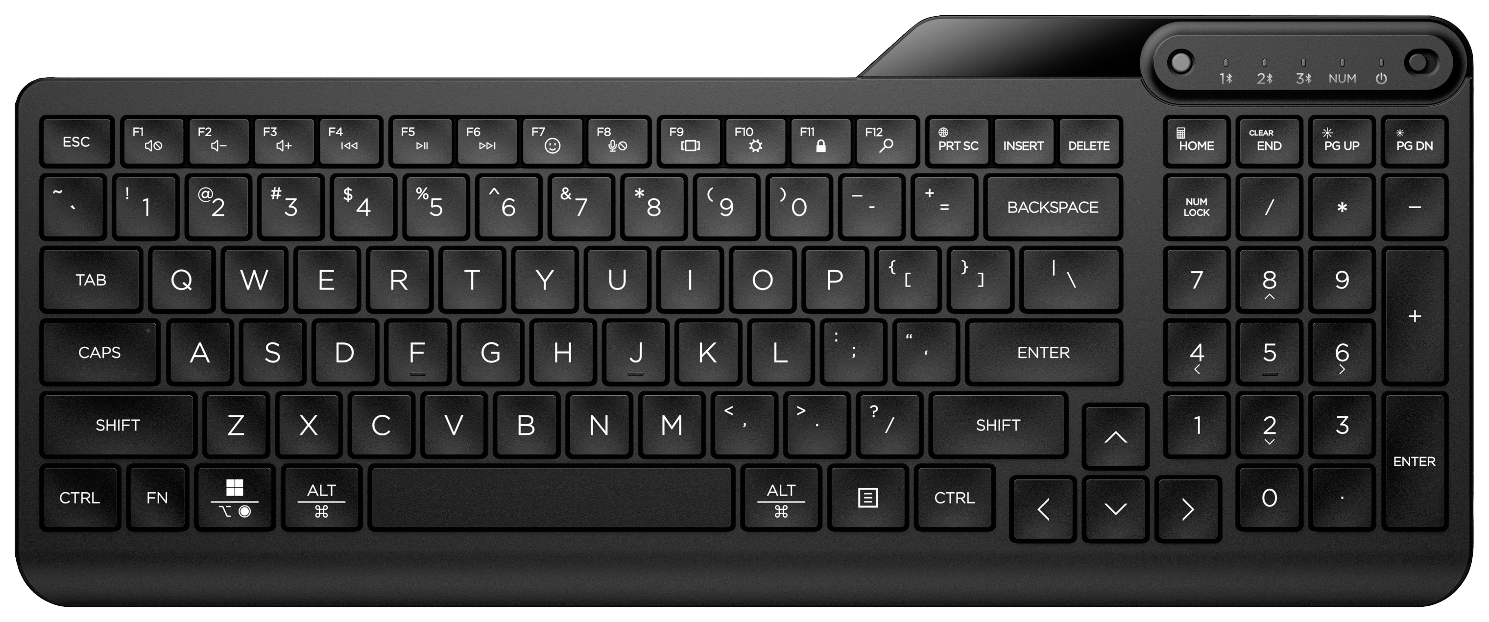 Schwarze Computer-Tastatur mit numerischem Tastenfeld und Multimedia-Tasten oben rechts. Layout in QWERTY-Format.