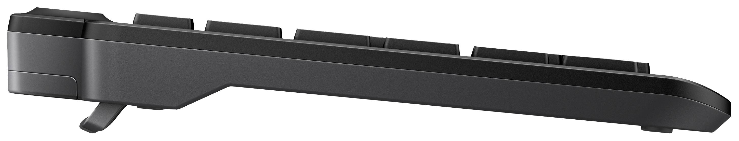 Seitenansicht einer schwarzen Computertastatur mit hervorstehenden Tasten und schräger Stütze für ergonomisches Tippen.