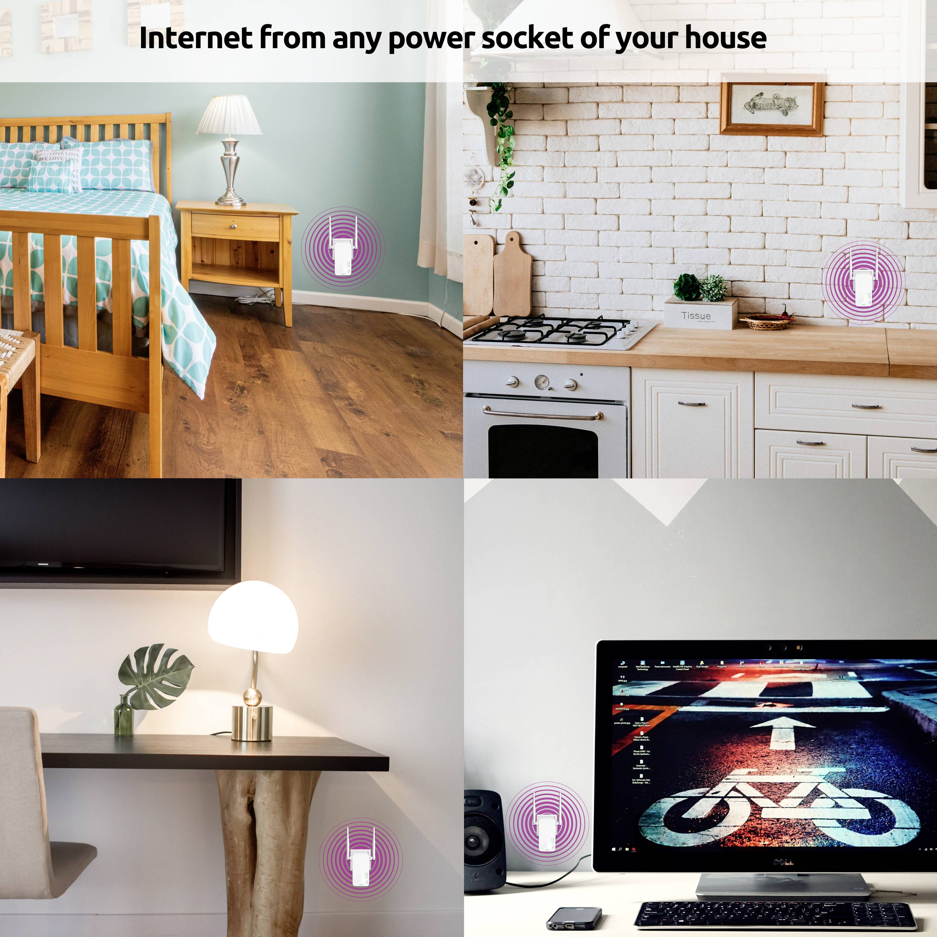 'Internet in jeder Steckdose Ihres Hauses': Vier Bilder zeigen Steckdosen in verschiedenen Räumen, die Internetverbindungen ermöglichen.