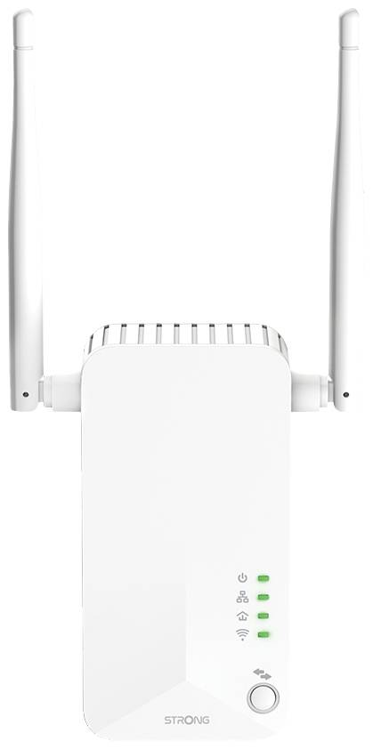 Ein weißer WLAN-Repeater mit zwei Antennen, vier grünen Statusleuchten und der Aufschrift 'STRONG' auf der Vorderseite.