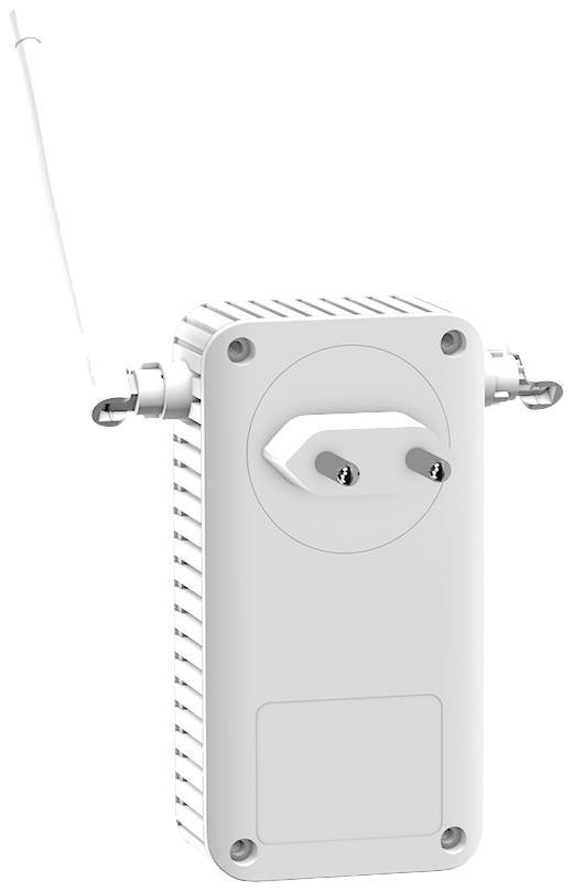 Ein weißes, rechteckiges elektronisches Gerät mit Antenne und zwei Steckern.