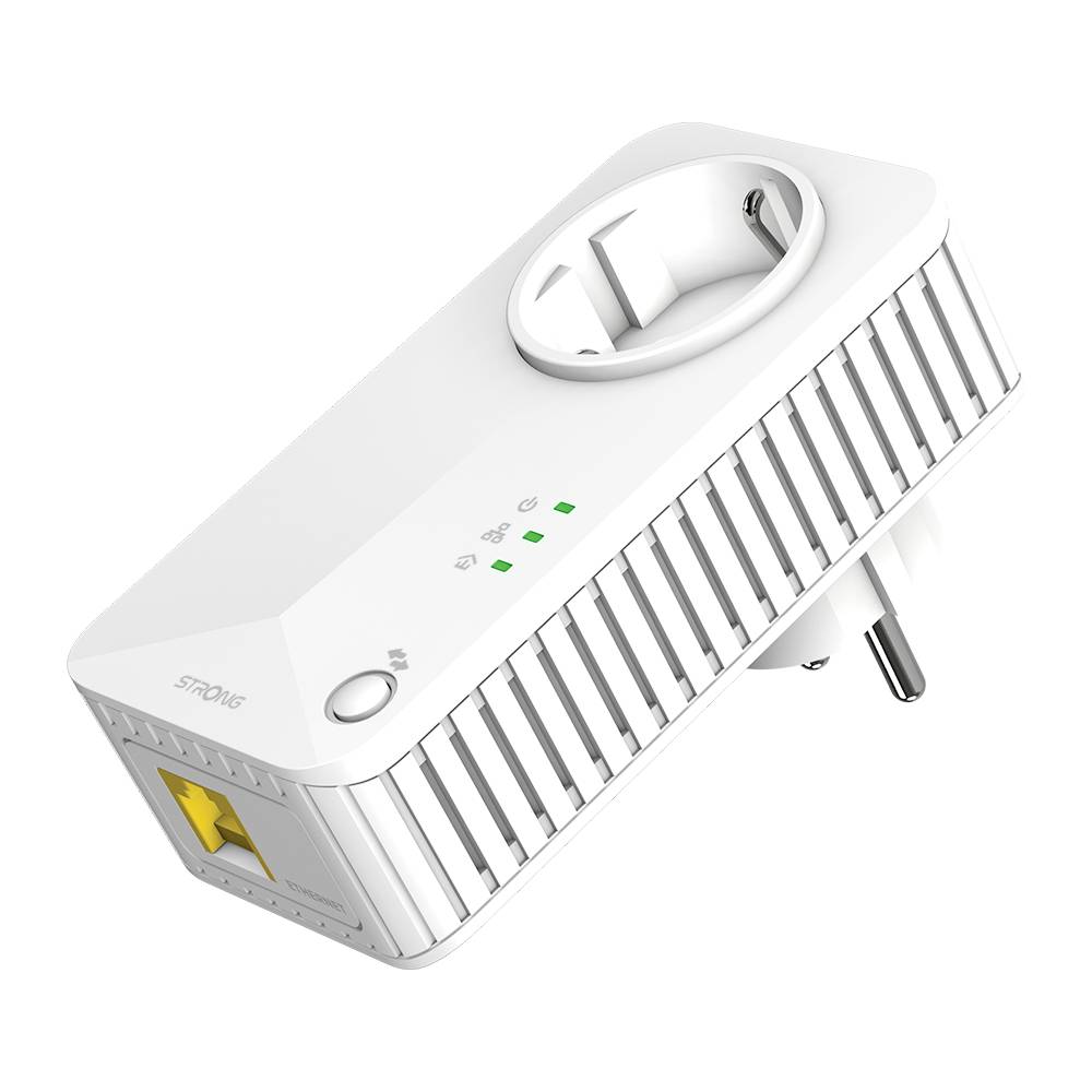 Ein weißer WLAN-Repeater mit Steckdose und Ethernet-Port, der an eine Wandsteckdose angeschlossen werden kann.