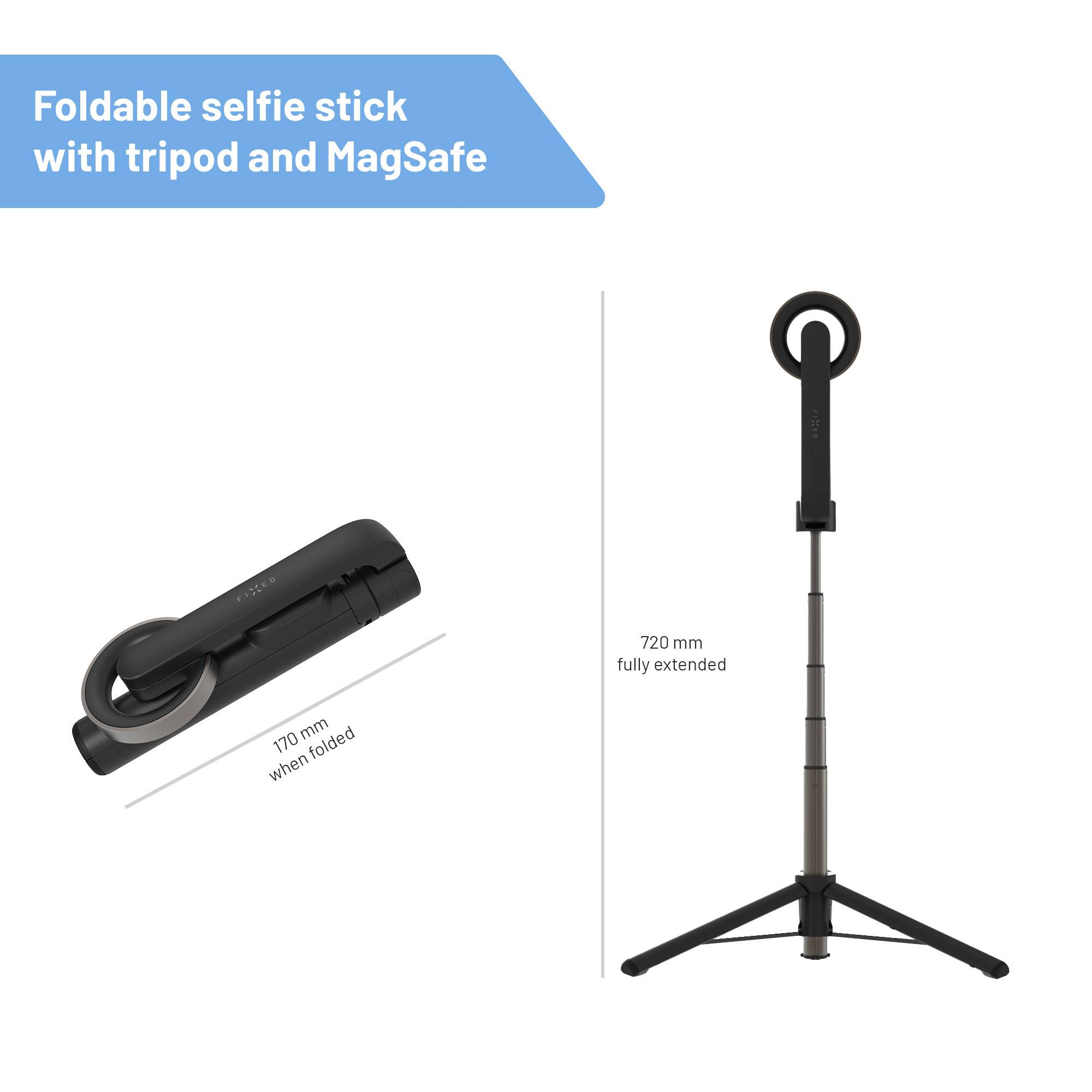 Faltbarer Selfie-Stick mit Stativ und MagSafe, zeigt zwei Zustände: eingeklappt bei 170 mm, ausgeklappt bei 720 mm.