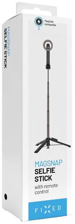 Eine Verpackung eines 'Magsnap Selfie-Sticks' mit Fernbedienung, kompatibel mit MagSafe, abgebildet auf dem Karton.
