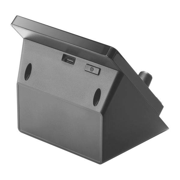 Ein schwarzes, schräges elektronisches Gerät mit einem Bildschirm und Anschlüssen auf der Rückseite, vermutlich ein digitales Display oder Terminal.