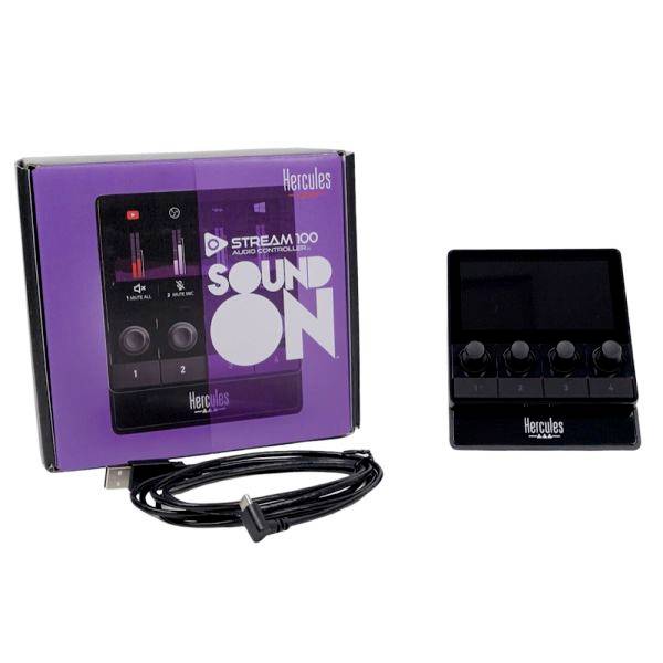 Ein Audio-Interface-Set mit einer Box, einem Gerät mit Reglern und einem USB-Kabel. Auf der Box steht 'Sound On'.