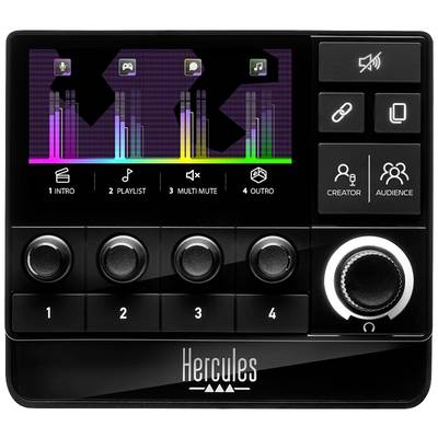 Ein Audiomischpult mit Bedienelementen und Display zeigt eine bunte Audio-Visualisierung. Beschriftungen wie 'Intro' und 'Playlist' sind sichtbar.