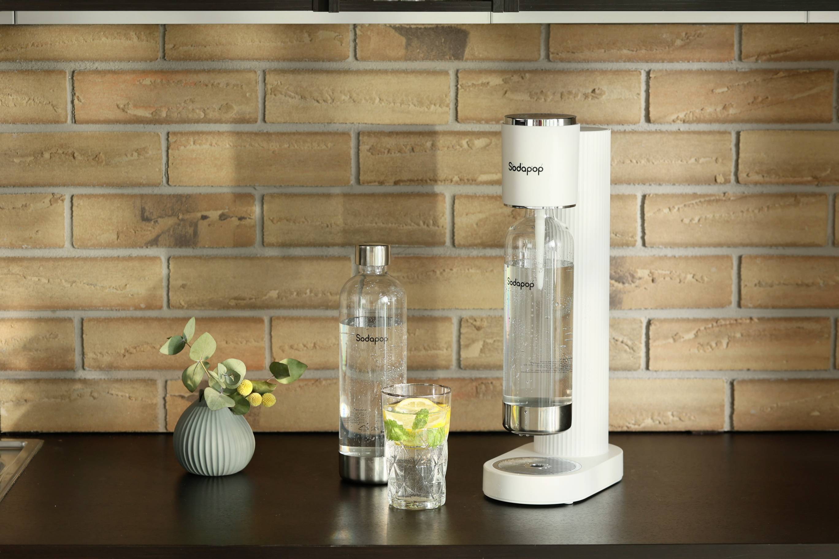 Ein Soda-Maker und eine Wasserflasche stehen auf einer Küchentheke vor einer Backsteinwand. Ein Glas Wasser mit Zitrone und Limette steht daneben.