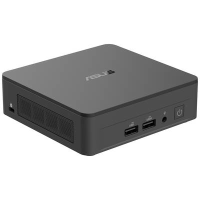 Schwarzer Mini-PC mit zwei USB-Ports und Audio-Anschluss auf der Vorderseite. Markenlogo oben. Kompaktes, modernes Design.