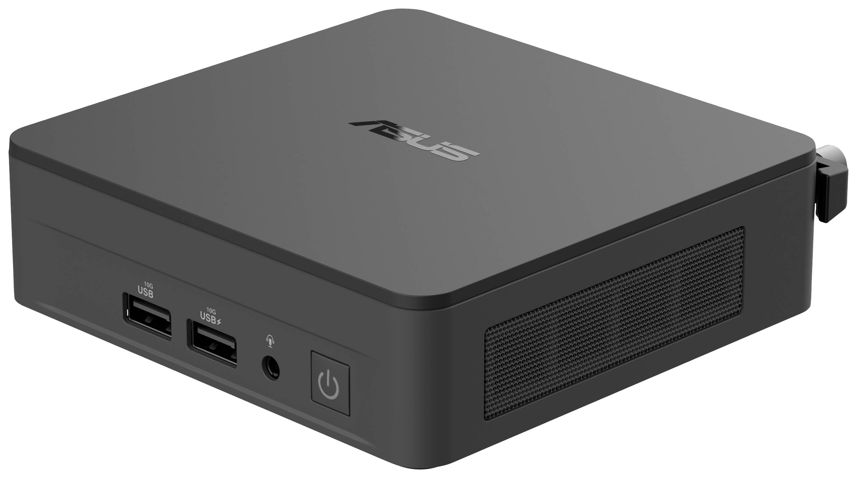 Schwarz-grauer Mini-PC mit zwei USB-Anschlüssen, Kopfhöreranschluss und Ein-/Ausschalter an der Vorderseite; ASUS-Logo oben.
