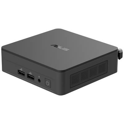 Schwarz-grauer Mini-PC mit zwei USB-Anschlüssen, Kopfhöreranschluss und Ein-/Ausschalter an der Vorderseite; ASUS-Logo oben.