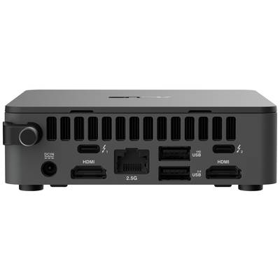 Rückansicht eines kompakten Computers mit mehreren Anschlüssen: HDMI, USB, Ethernet und Thunderbolt für vielseitige Konnektivität.