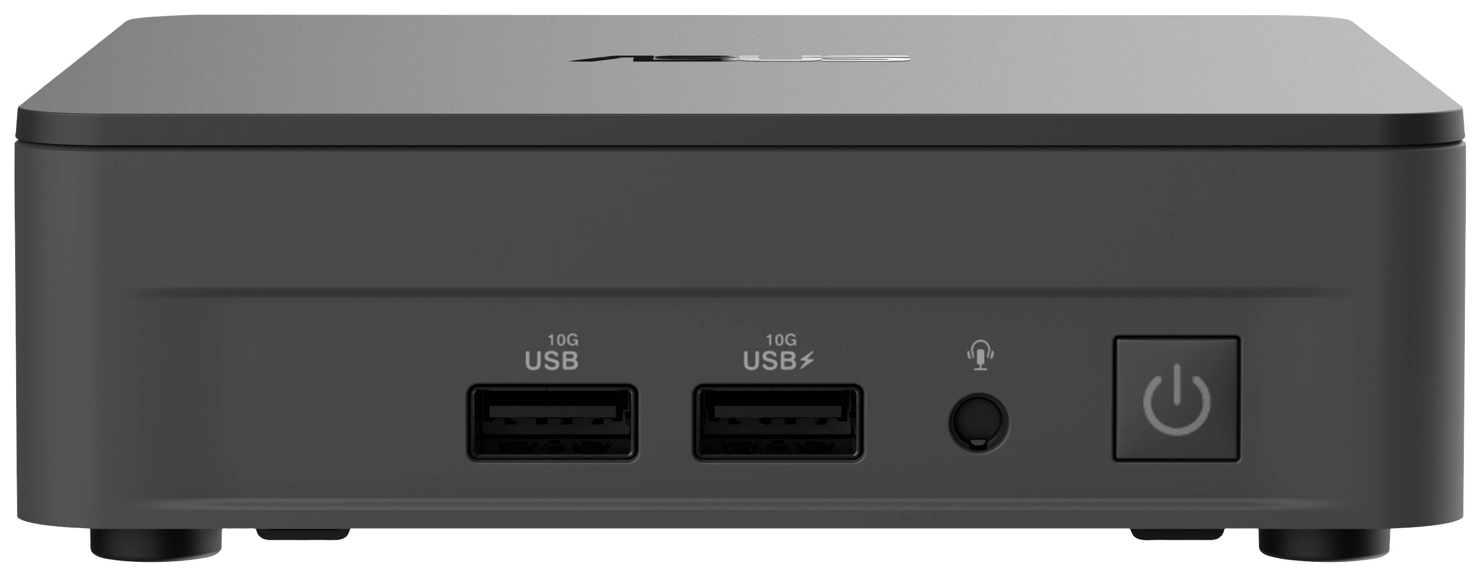 Ein schwarzer Mini-PC mit zwei USB-Anschlüssen, einem Kopfhöreranschluss und einem Netzschalter auf der Vorderseite.