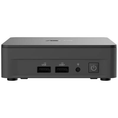 Ein schwarzer Mini-PC mit zwei USB-Anschlüssen, einem Kopfhöreranschluss und einem Netzschalter auf der Vorderseite.