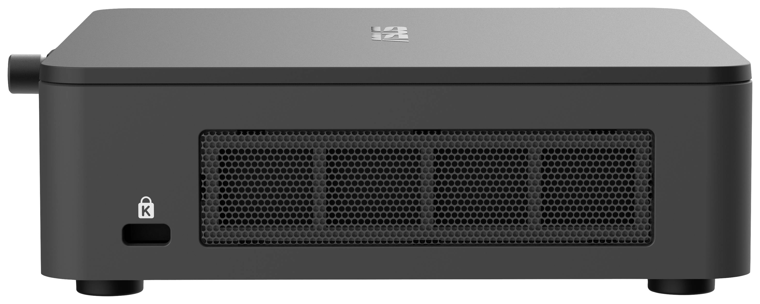 Ein kompakter, schwarzer Mini-PC mit Belüftungsgitter an der Vorderseite und einem Kensington-Schloss-Symbol darunter.