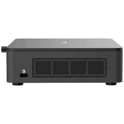 Ein kompakter, schwarzer Mini-PC mit Belüftungsgitter an der Vorderseite und einem Kensington-Schloss-Symbol darunter.
