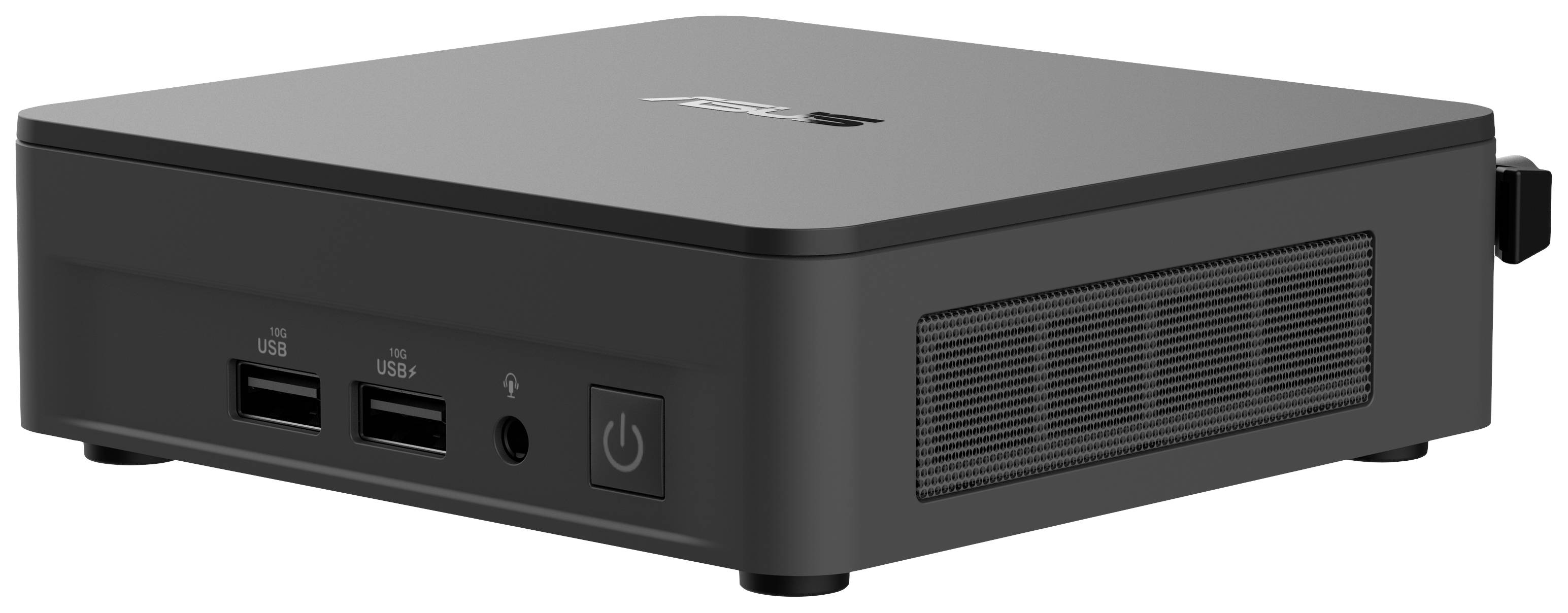 Ein schwarzer Mini-PC mit zwei USB-Anschlüssen, Audioanschluss und Netzschalter an der Vorderseite.