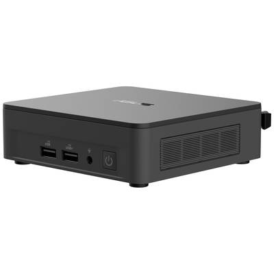 Ein schwarzer Mini-PC mit zwei USB-Anschlüssen, Audioanschluss und Netzschalter an der Vorderseite.