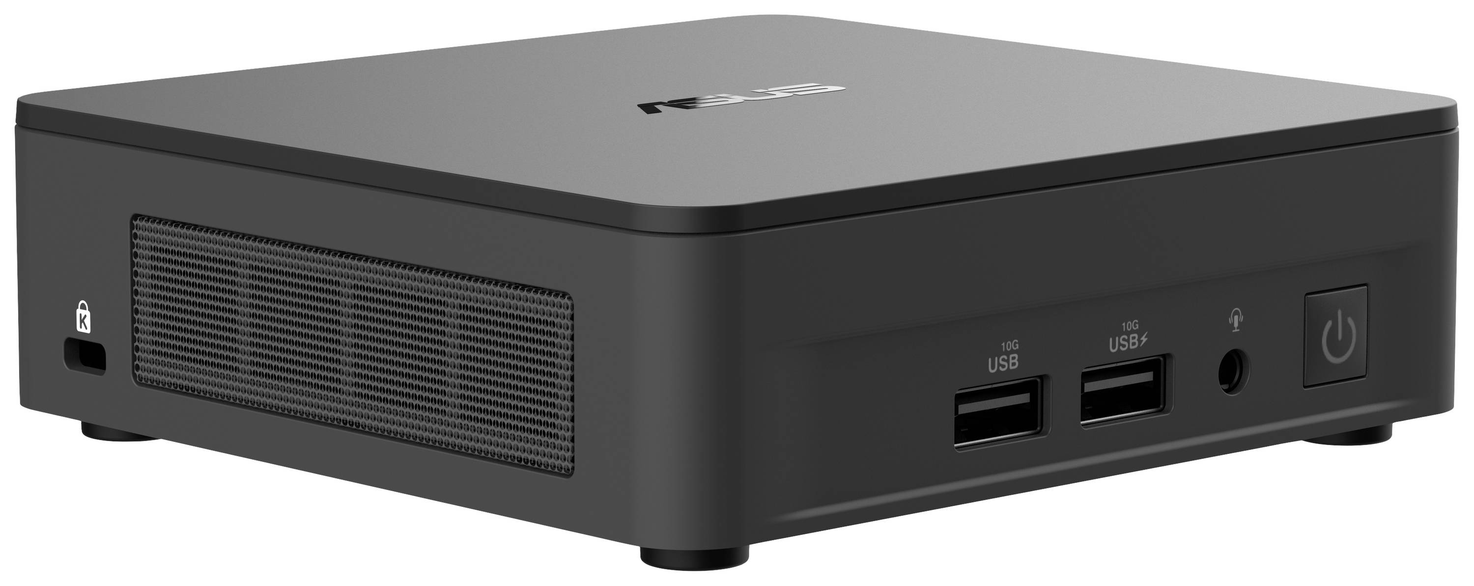Schwarzer, quadratischer Mini-PC mit zwei USB-Anschlüssen, Kopfhörerbuchse, Power-Taste und Lüftungsschlitzen an der Seite.