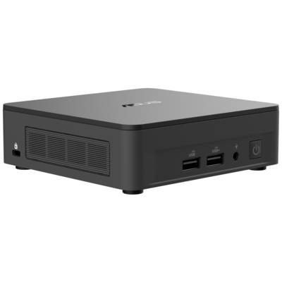 Schwarzer, quadratischer Mini-PC mit zwei USB-Anschlüssen, Kopfhörerbuchse, Power-Taste und Lüftungsschlitzen an der Seite.