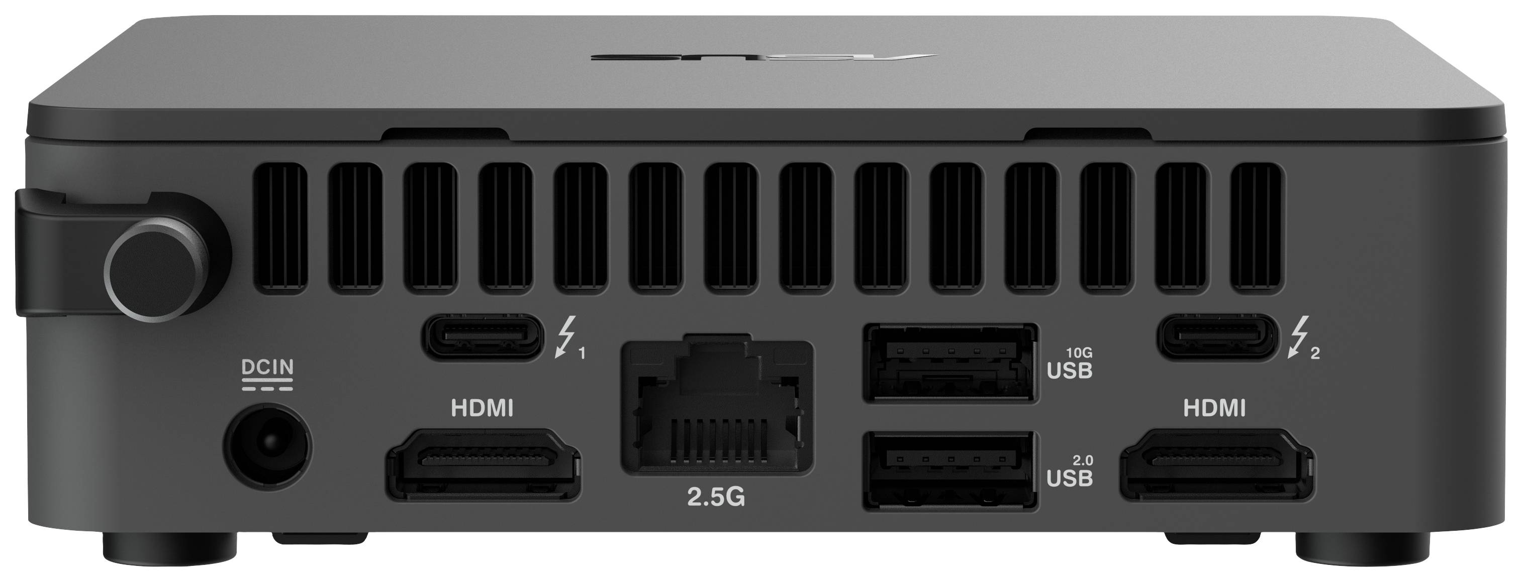 Die Rückseite eines elektronischen Geräts mit Anschlüssen: zwei HDMI, zwei Thunderbolt, ein Ethernet-Port, zwei USB-Anschlüsse und ein Stromanschluss.