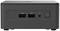 Ein kleiner, schwarzer Computer mit eingeschaltetem Netzschalter, zwei USB-Anschlüssen und einem 3,5-mm-Audioanschluss.