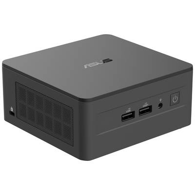 Ein kleiner, schwarzer Mini-PC mit zwei USB-Anschlüssen, Kopfhörerbuchse und Netzschalter an der Vorderseite.