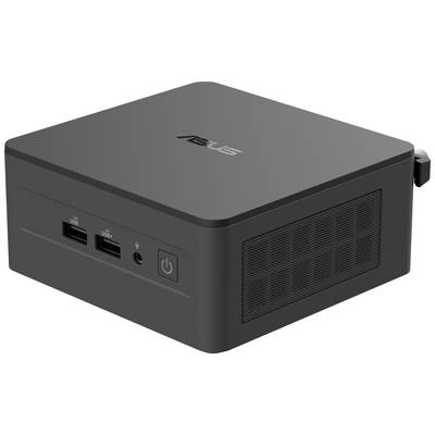 Ein schwarzer Mini-PC mit USB-Anschlüssen und einem Ein/Aus-Schalter an der Vorderseite. Das Logo ist oben sichtbar.