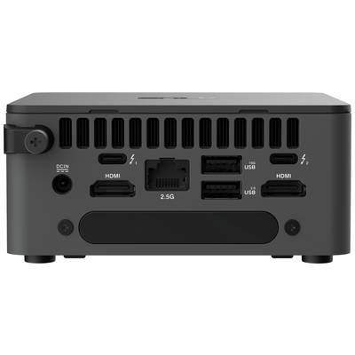 'Gerät mit mehreren Anschlüssen: zwei Thunderbolt, vier USB, zwei HDMI, Ethernet und Stromversorgung. Rückansicht eines schwarzen Kastens.'