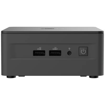Ein schwarzer Mini-Computer mit zwei USB-Anschlüssen, Kopfhöreranschluss und Ein-/Ausschaltknopf auf der Vorderseite.