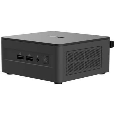 Ein schwarzer Mini-PC mit zwei USB-Anschlüssen und einem Ein/Aus-Knopf auf der Vorderseite. Lüftungsschlitze an der Seite.