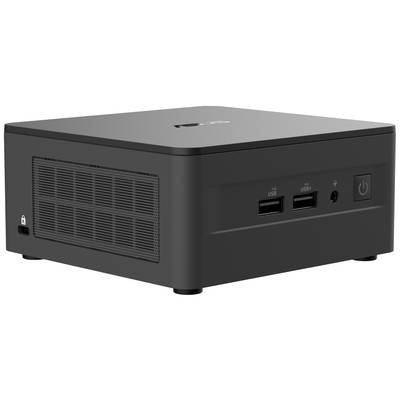 Kompakter schwarzer Mini-PC mit zwei USB-Anschlüssen und Kopfhörerbuchse auf der Vorderseite, geeignet für platzsparende Anwendungen.