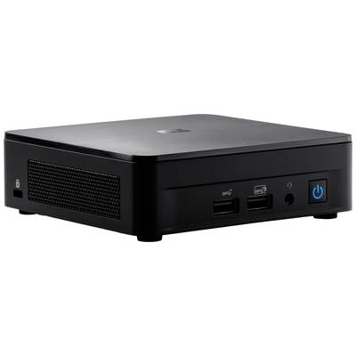 Ein kompakter schwarzer Mini-PC mit Lüftungsschlitzen, zwei USB-Anschlüssen und einem Netzschalter auf der Vorderseite.