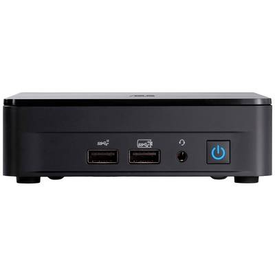 Ein schwarzer Mini-PC mit zwei USB-Anschlüssen, Kopfhörerbuchse und einem blauen Power-Button an der Vorderseite.