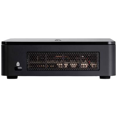 Schwarzer, rechteckiger Mini-PC mit Gitterfront, durch die interne Komponenten sichtbar sind; kompakt und modern designt.