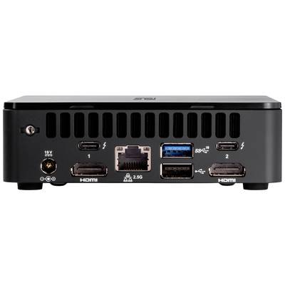 Rückseite eines Computers mit mehreren Anschlüssen: zwei HDMI, zwei USB-C, Ethernet, USB 3.0, USB 2.0 und Stromanschluss.