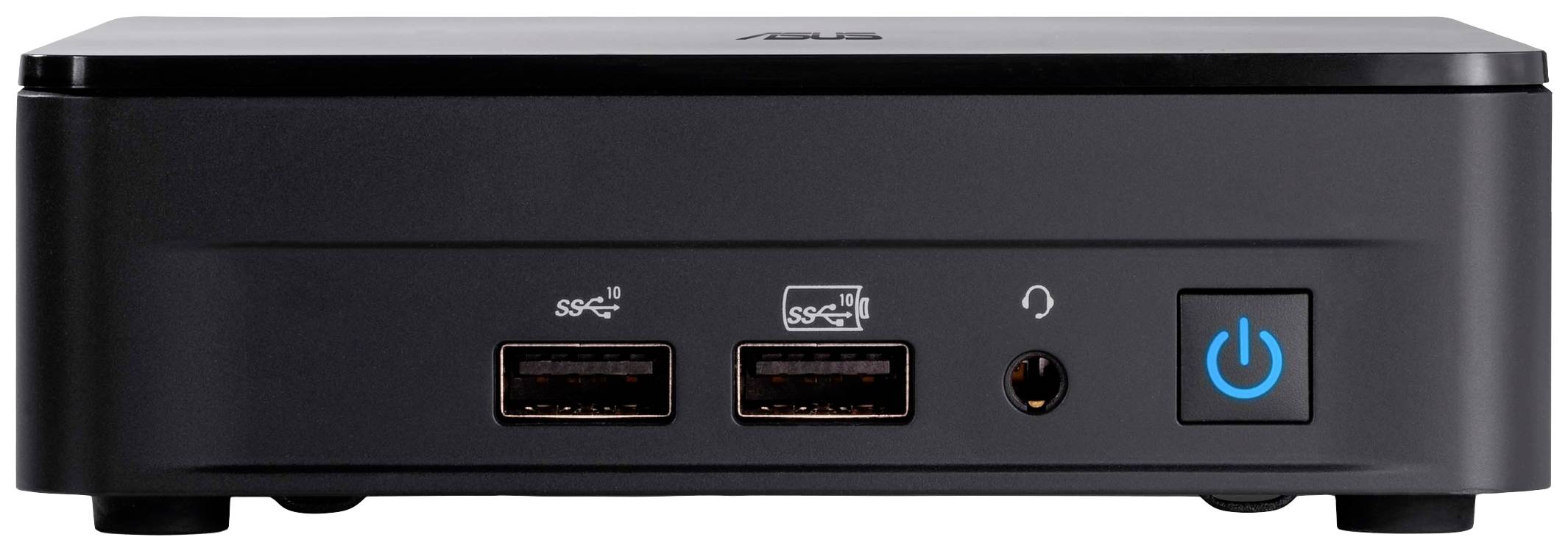 Schwarzer Mini-PC mit USB-Anschlüssen, Kopfhörerbuchse und blau beleuchtetem Netzschalter auf der Vorderseite.