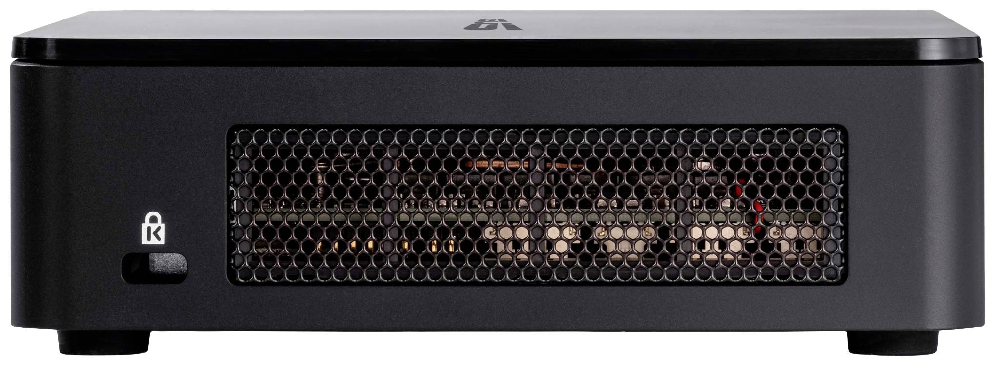 Schwarzer Mini-PC mit sichtbarer Lüftung an der Vorderseite, hinter der Technik und Komponenten leicht erkennbar sind.