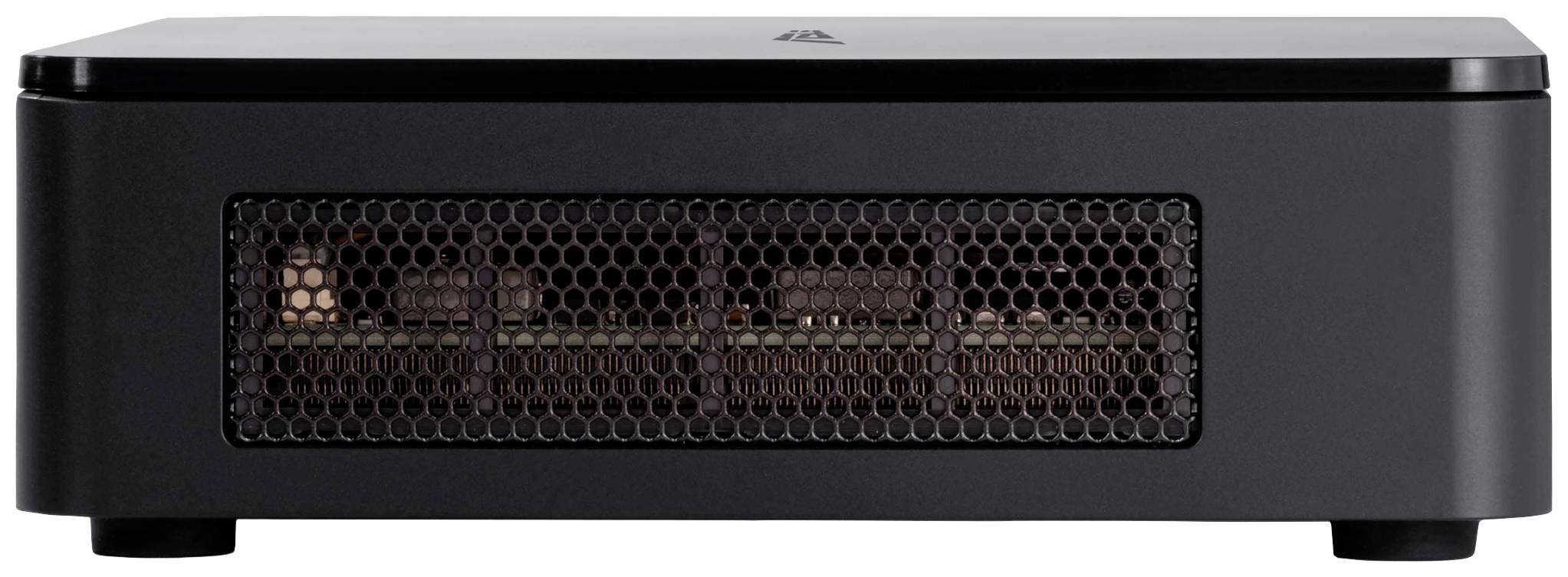 Schwarzer Verstärker im rechteckigen Gehäuse mit Wabengitter an der Vorderseite, runde Kanten und sichtbare elektronische Bauteile innen.