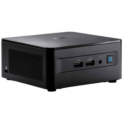 Kleiner schwarzer Desktop-Computer mit zwei USB-Anschlüssen, Audioanschluss und Netzschalter auf der Vorderseite.