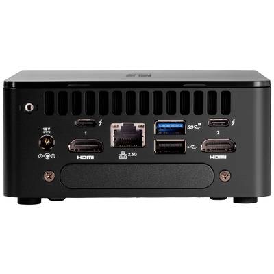 Die Rückseite eines kompakten Computers mit mehreren Anschlüssen: zwei HDMI, zwei USB, Ethernet, Stromanschluss, und Thunderbolt.