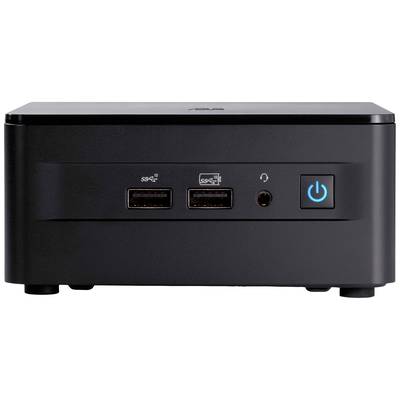 Ein schwarzer Mini-PC mit zwei USB-Anschlüssen, einem Kopfhöreranschluss und einem blauen Ein-/Ausschalter auf der Vorderseite.