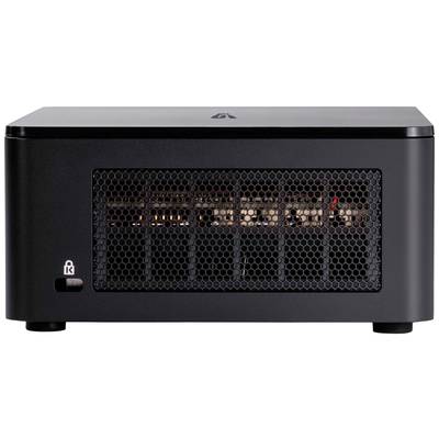 Ein kompaktes, schwarzes Computergehäuse mit Gitterfront zeigt interne Elektronikkomponenten.